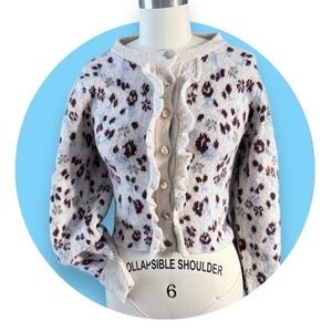 Zara Jacquard Floral Knit Puff Shoulder Cardigan